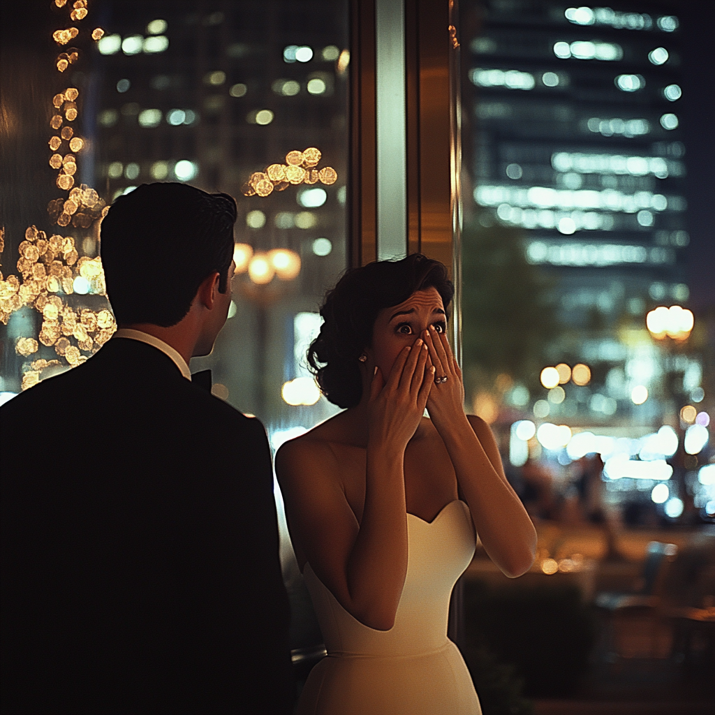 Una mujer conmocionada junto a un hombre | Fuente: Midjourney