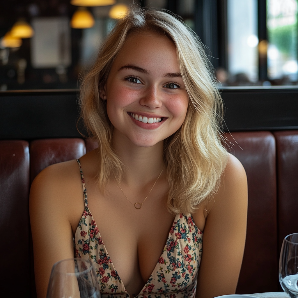 Una mujer sonriente en un restaurante | Fuente: Midjourney