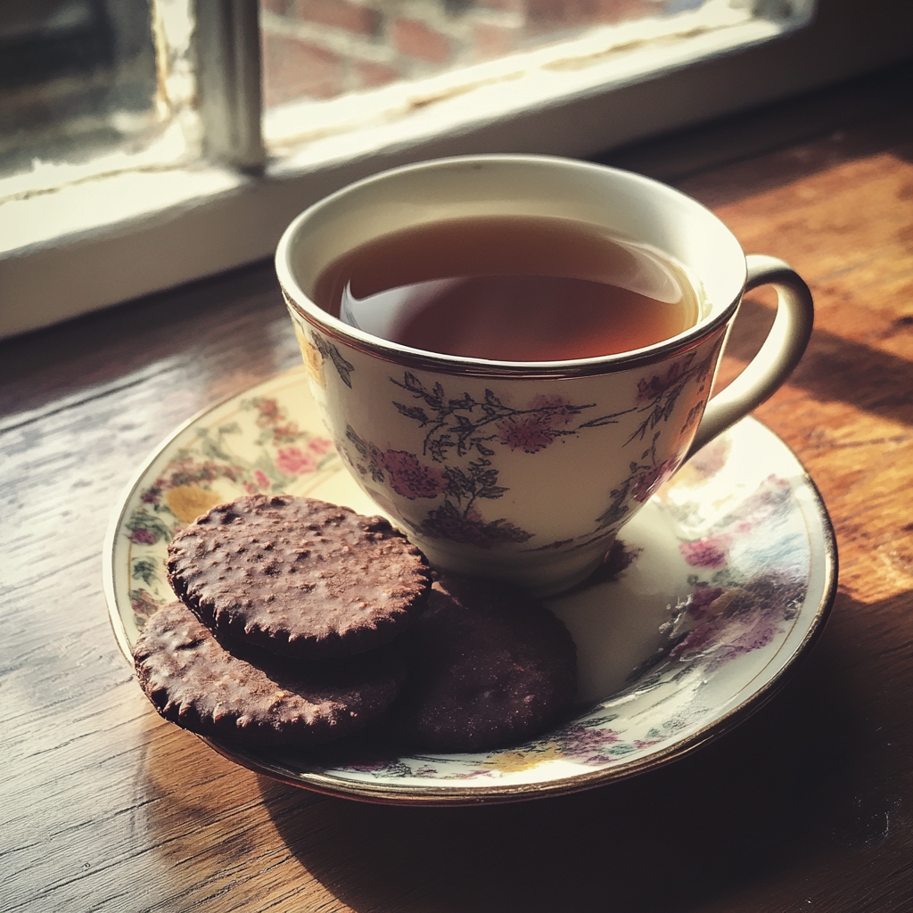 Una taza de té con galletas de chocolate | Fuente: Midjourney