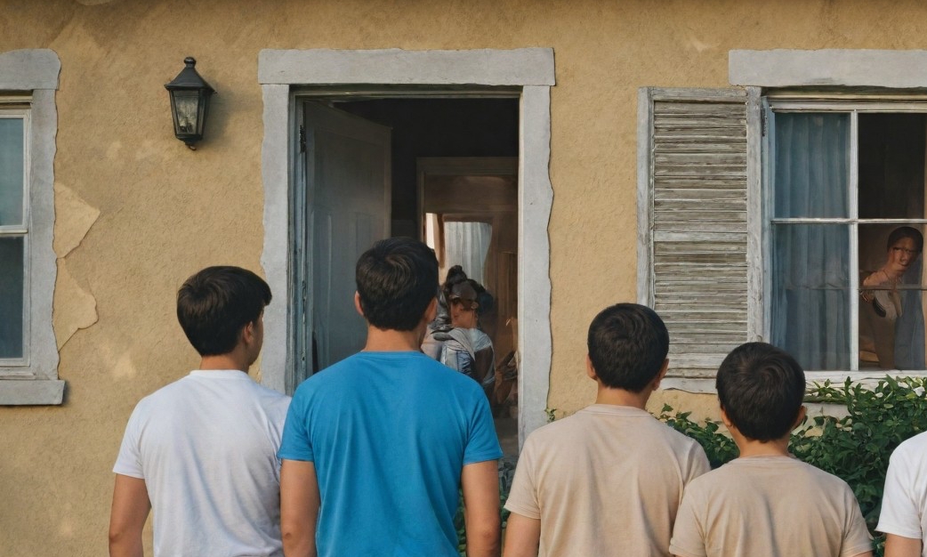Vecinos preocupados reunidos ante la casa de John | Fuente: Midjourney