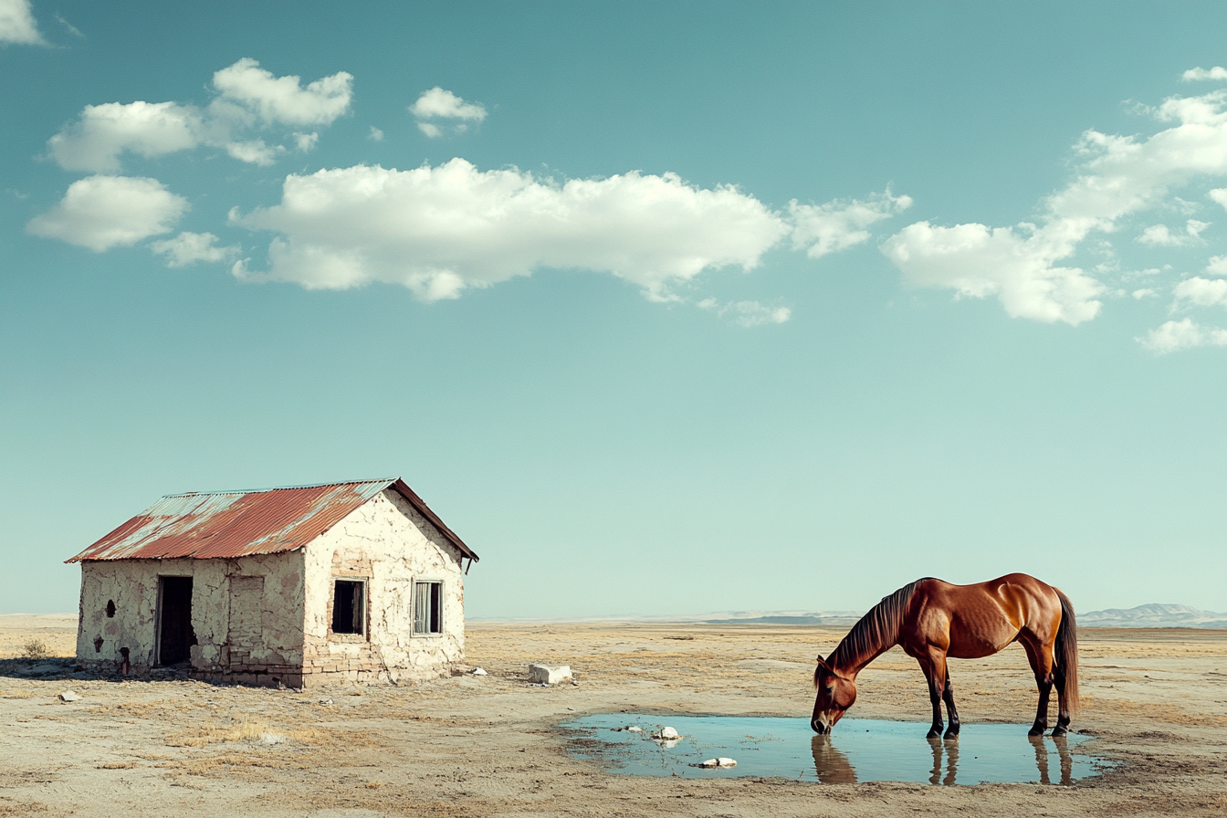 Un caballo bebiendo agua de un charco junto a una casita en una zona desierta | Fuente: Midjourney