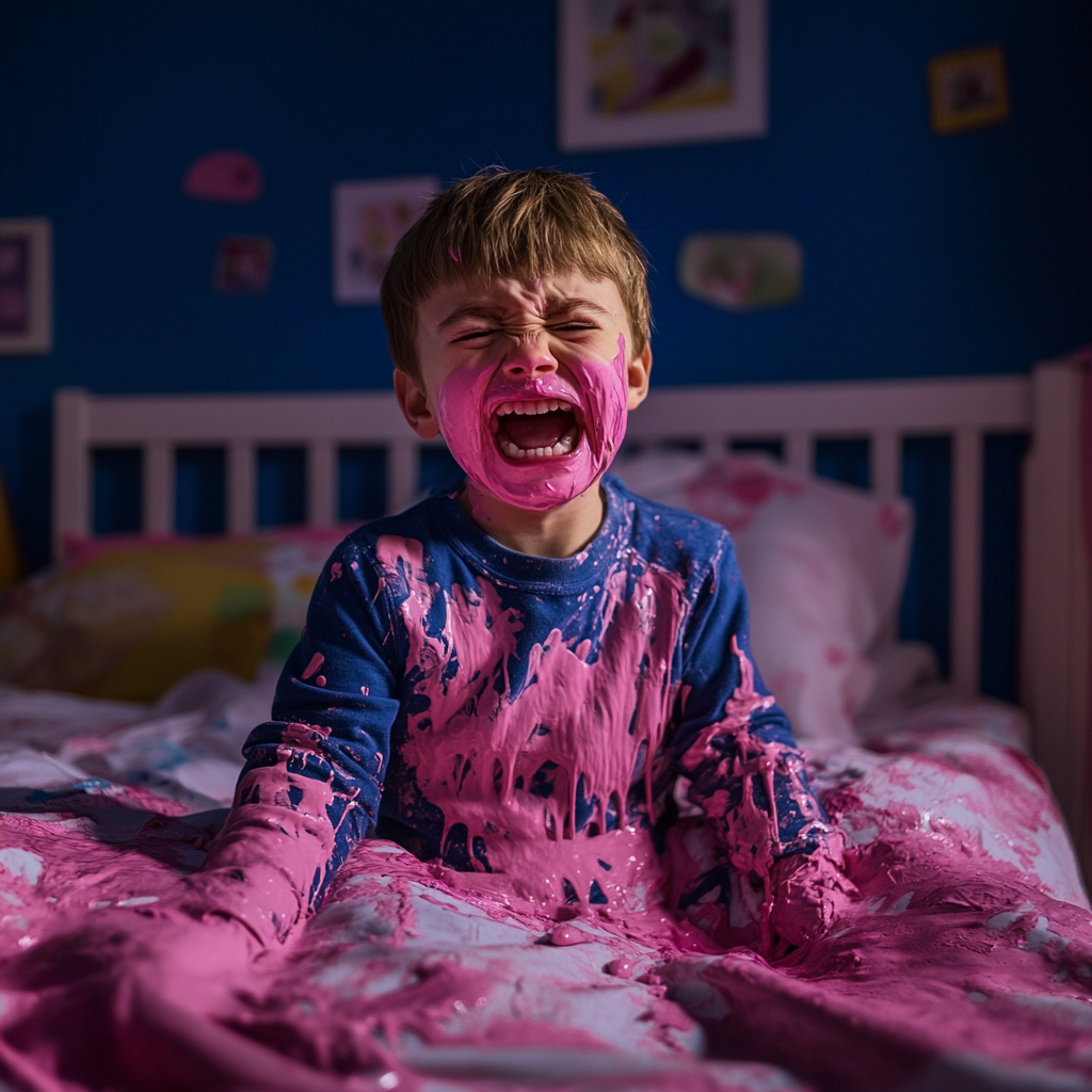 Un niño cubierto de pintura rosa | Fuente: Midjourney