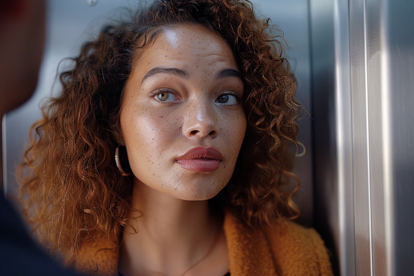 Una mujer mirando a un hombre en un ascensor | Fuente: Midjourney