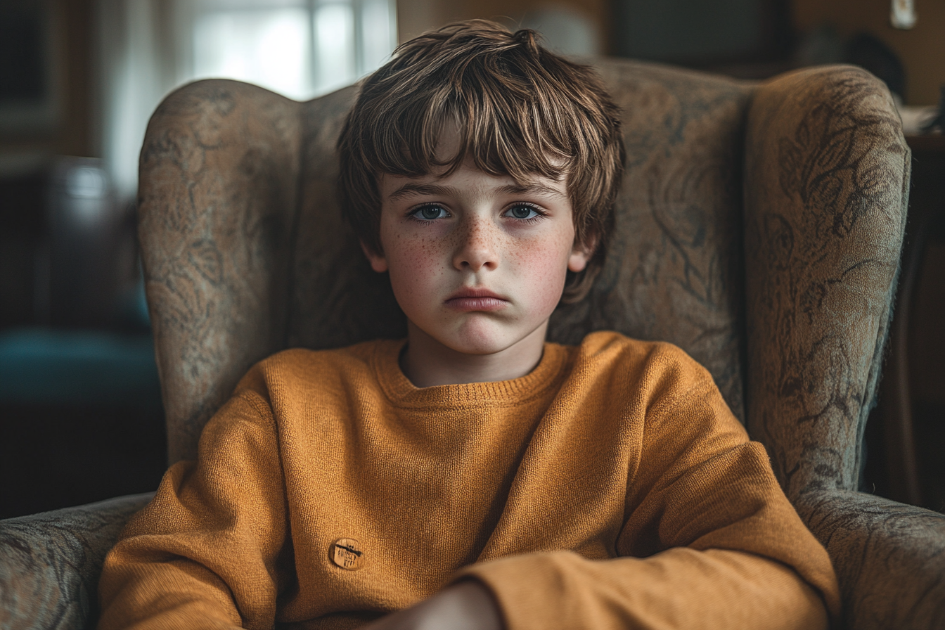 Un niño sentado en su salón, con el ceño fruncido | Fuente: Midjourney