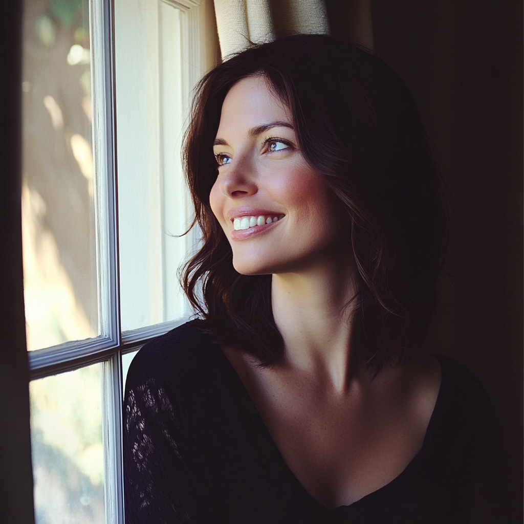 Una mujer sonriente junto a una ventana | Fuente: Midjourney