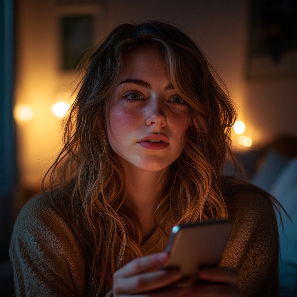 Una mujer utilizando su teléfono en su habitación por la noche | Fuente: Midjourney