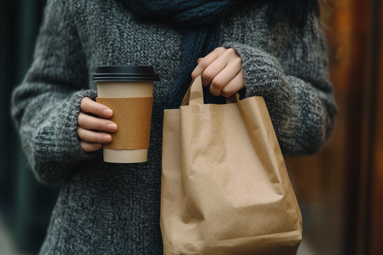 Una mujer con una taza de café para llevar y una bolsa marrón para llevar | Fuente: Midjourney