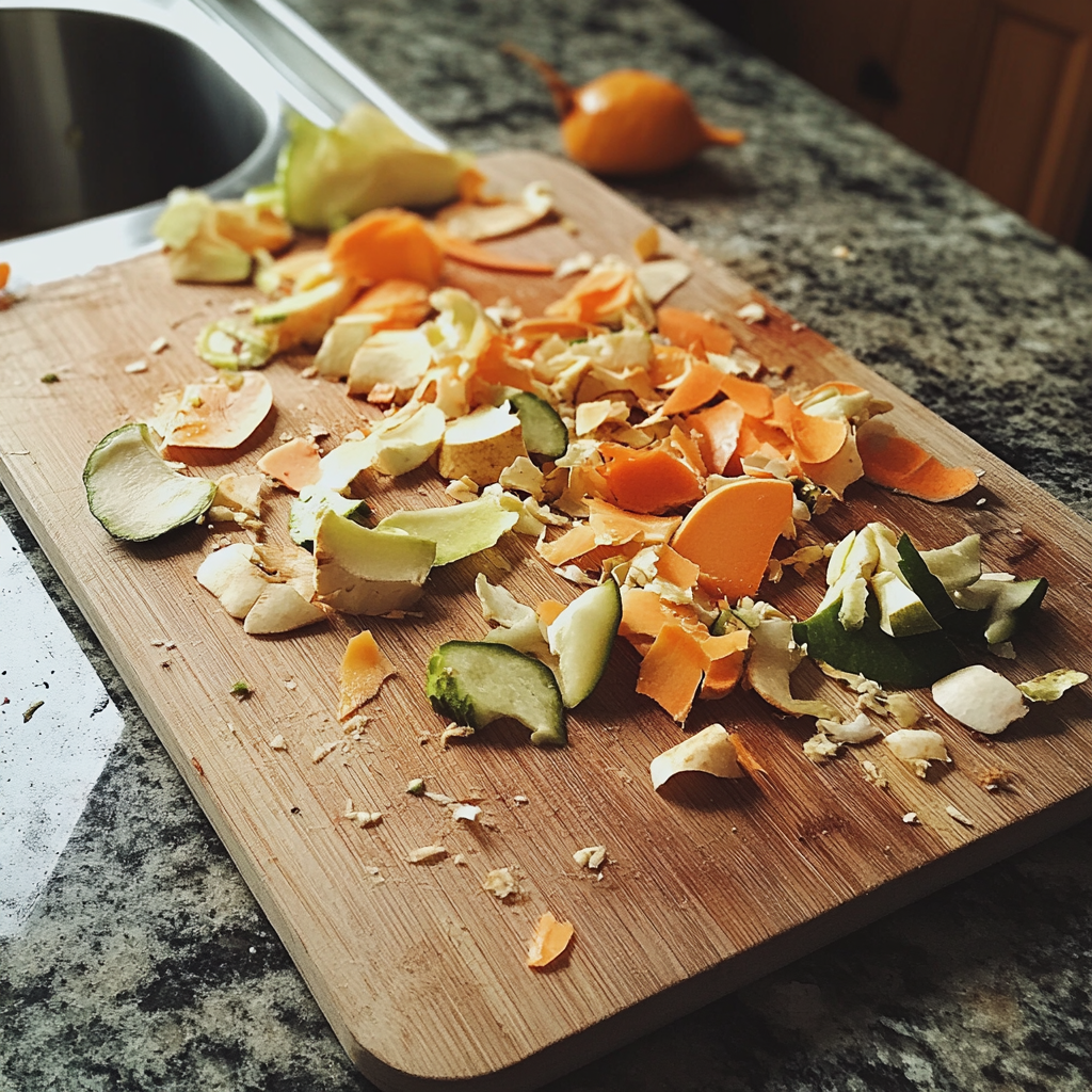 Restos de verduras sobre una tabla de cortar | Fuente: Midjourney