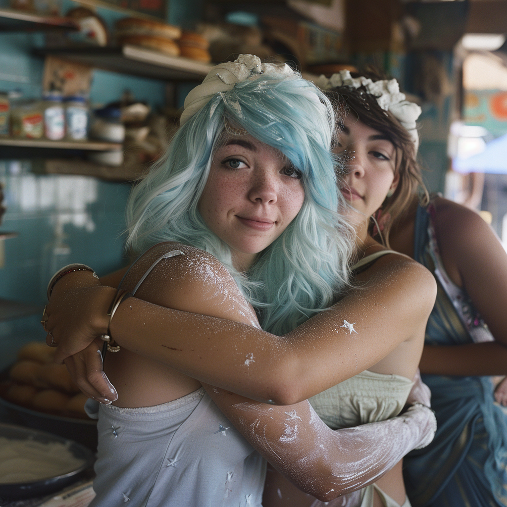 Dos mujeres se abrazan en una panadería mientras otra permanece de pie al fondo | Fuente: Midjourney