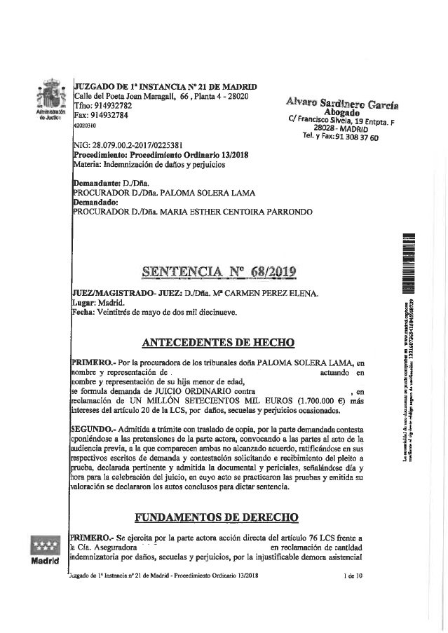 Sentencia en contra del hospital tras demanda introducida por el abogado Sardinero. | Foto:  Juzgado 21 Madrid