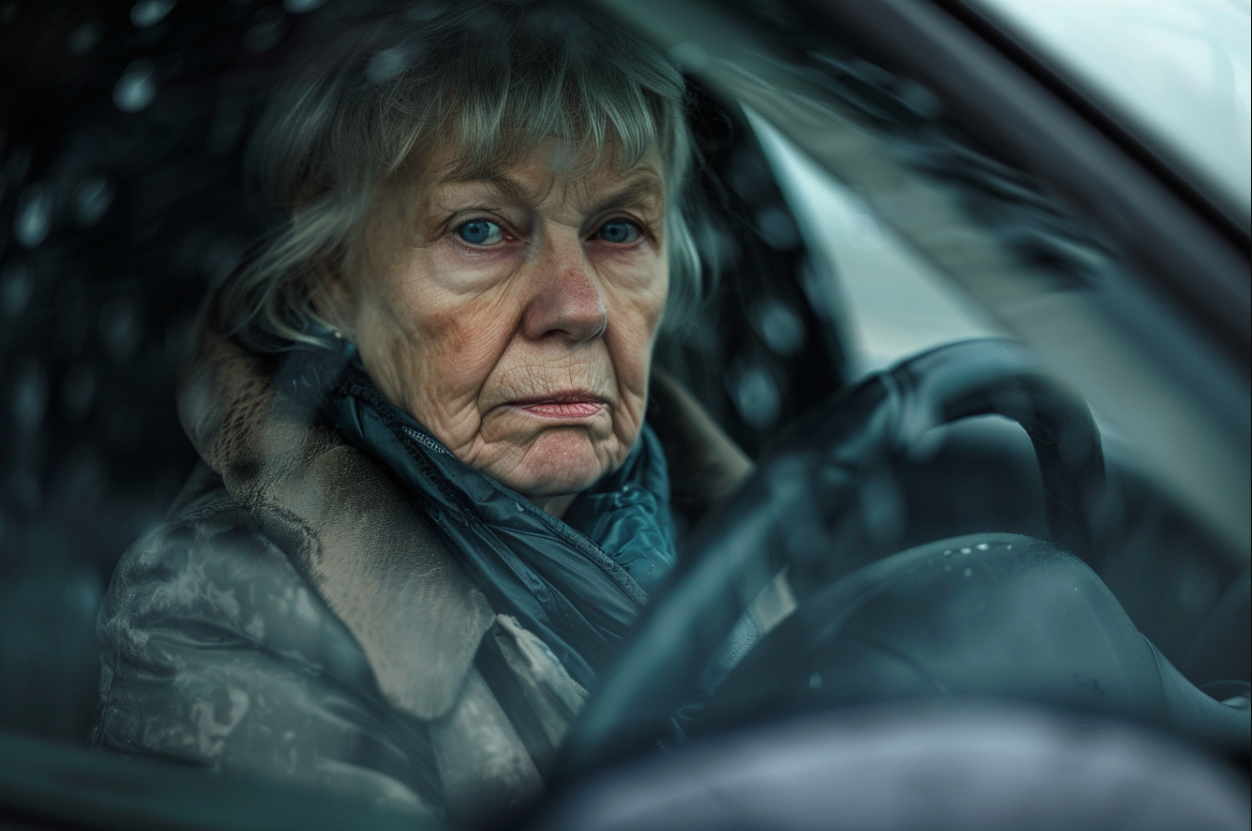 Mujer mayor reflexionando en su coche | Fuente: MidJourney