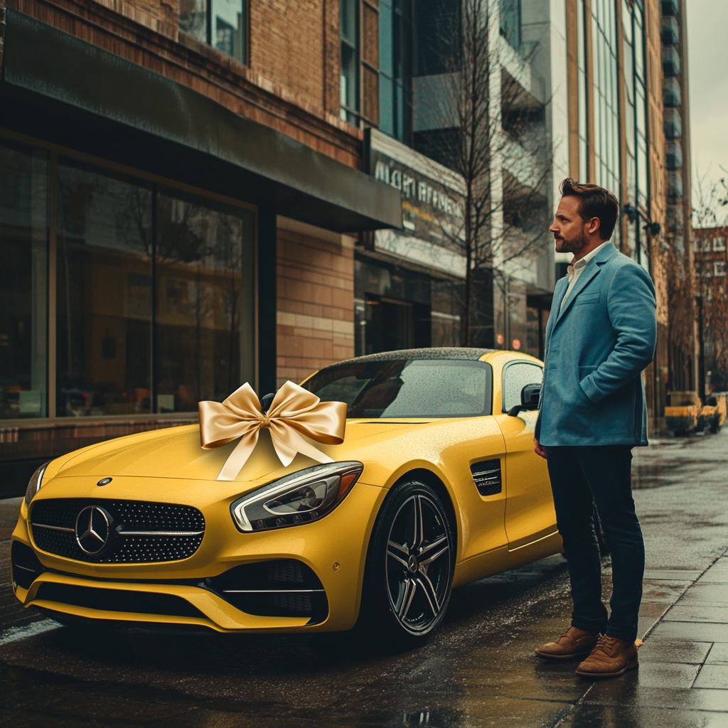 Hombre regalando un automóvil a su esposa por su cumpleaños | Fuente: Midjourney