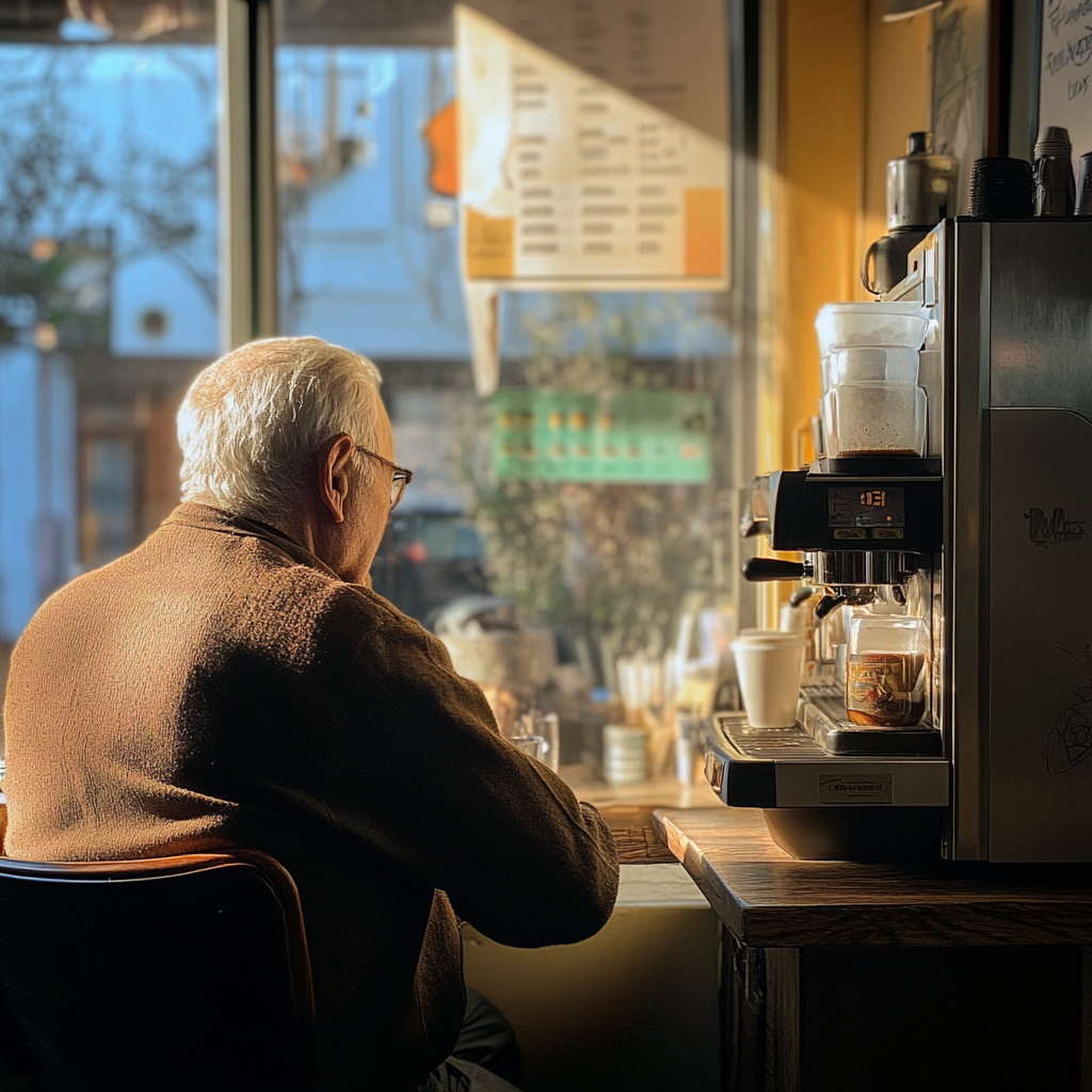 Hombre mayor sentado junto a una máquina de hacer café | Fuente: Midjourney