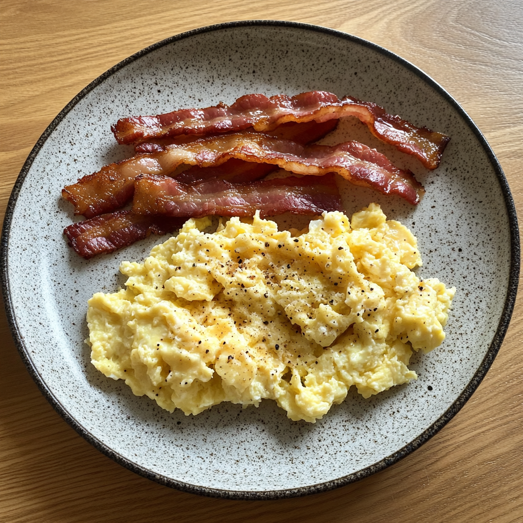 Huevos y tocineta en un plato | Fuente: Midjourney