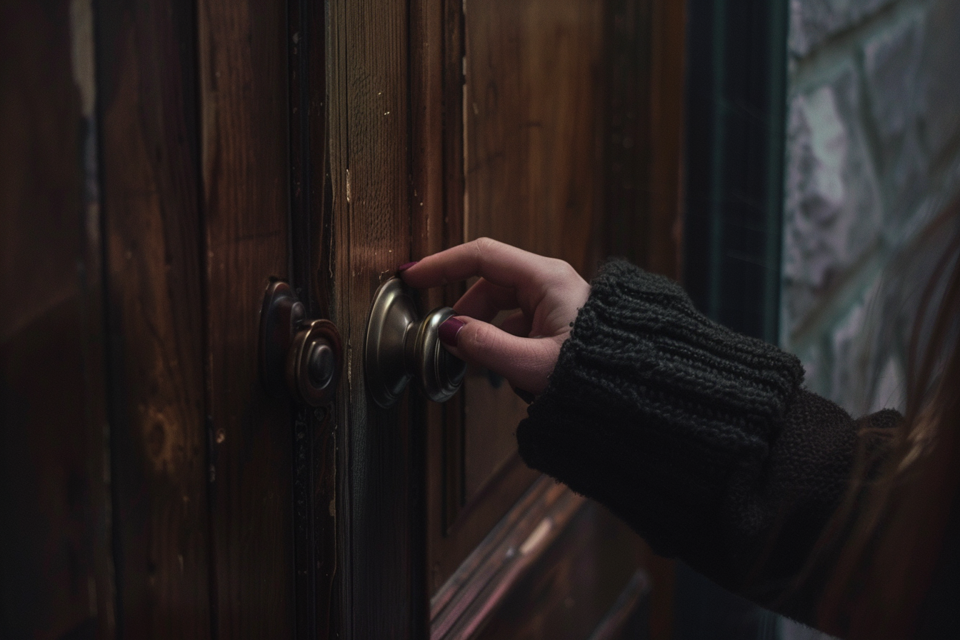 La mano de una mujer en el pomo de una puerta | Fuente: Midjourney