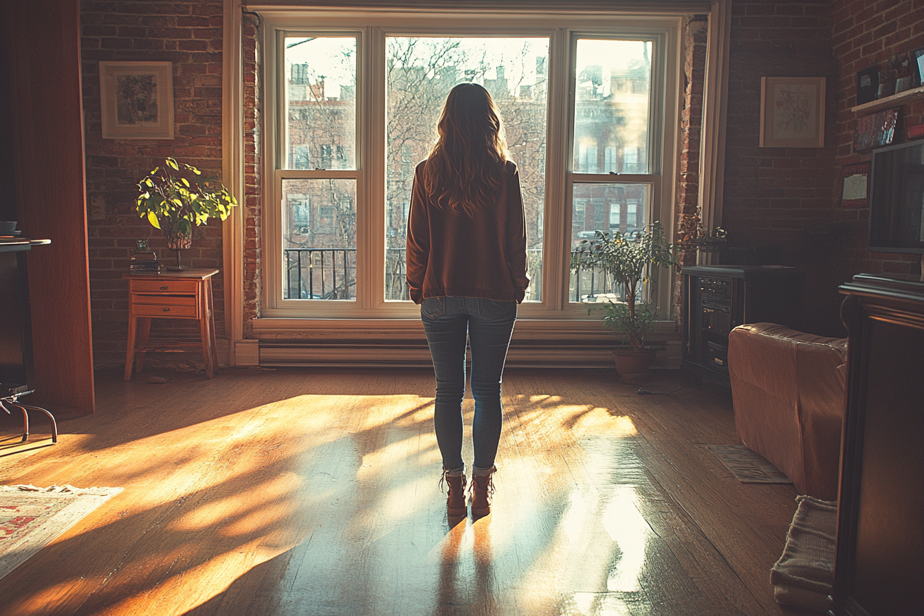 Una mujer de pie en el salón de un edificio de apartamentos | Fuente: Midjourney