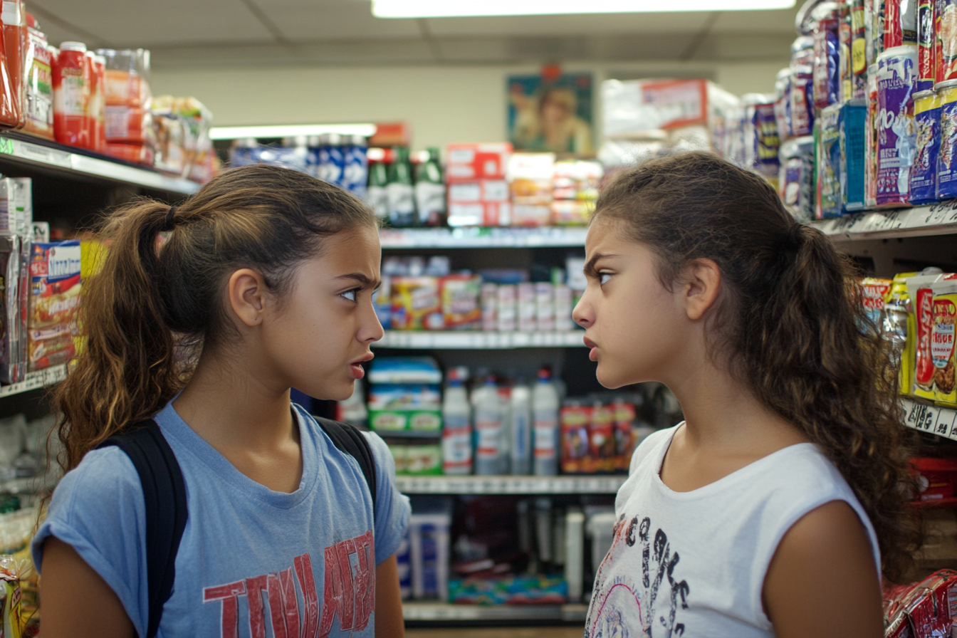 Hermanas adolescentes discutiendo en una pequeña tienda | Fuente: Midjourney