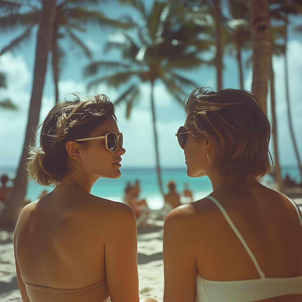 Dos mujeres susurrando en la playa | Fuente: Midjourney