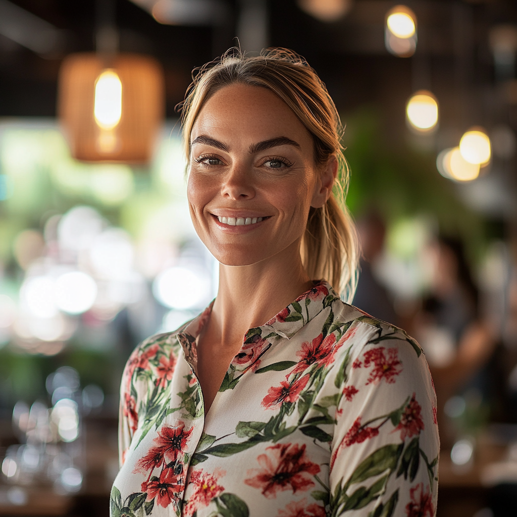 Una mujer con cara de felicidad en un restaurante | Fuente: Midjourney