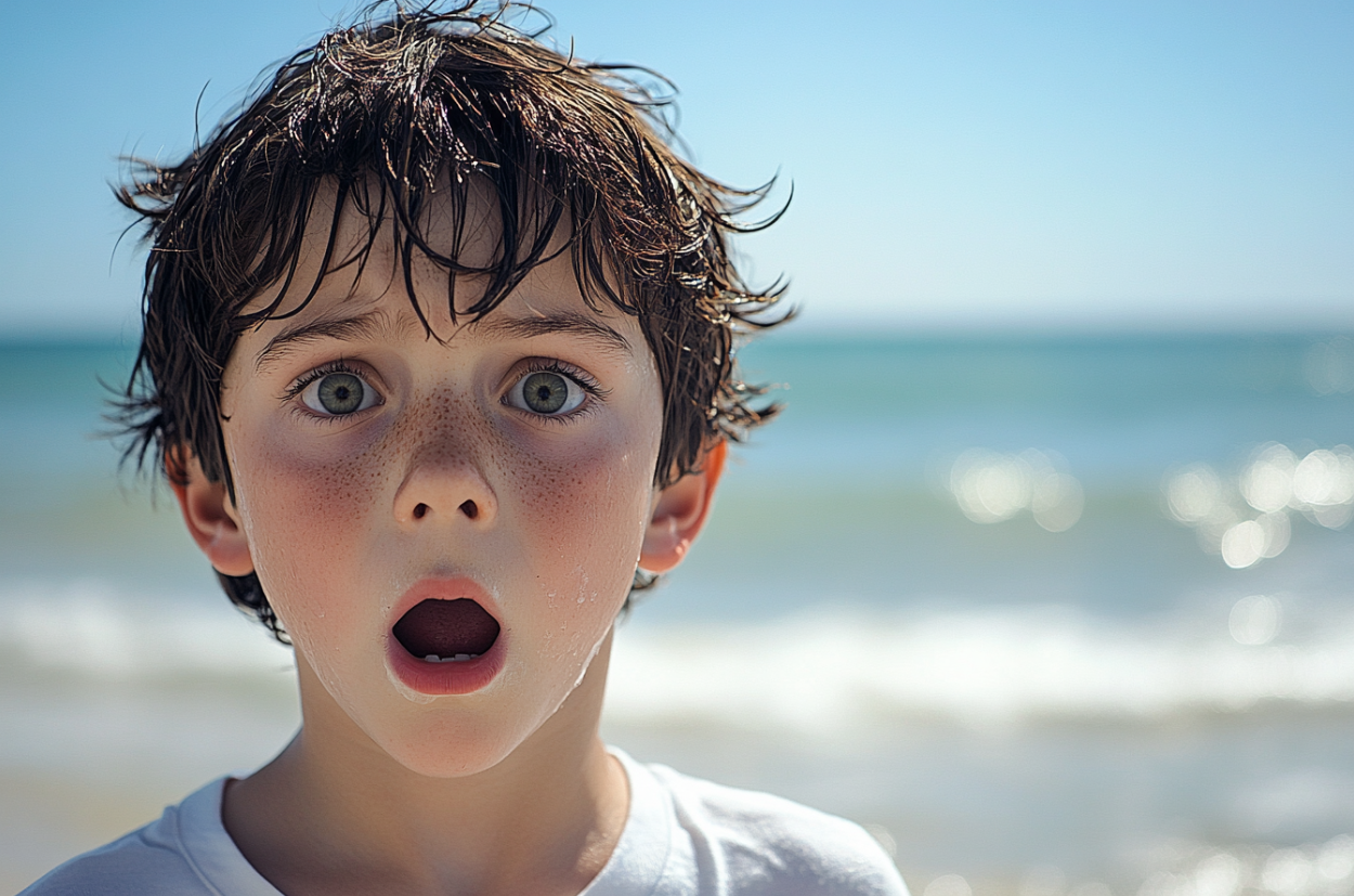 Un niño conmocionado en una playa | Fuente: Midjourney