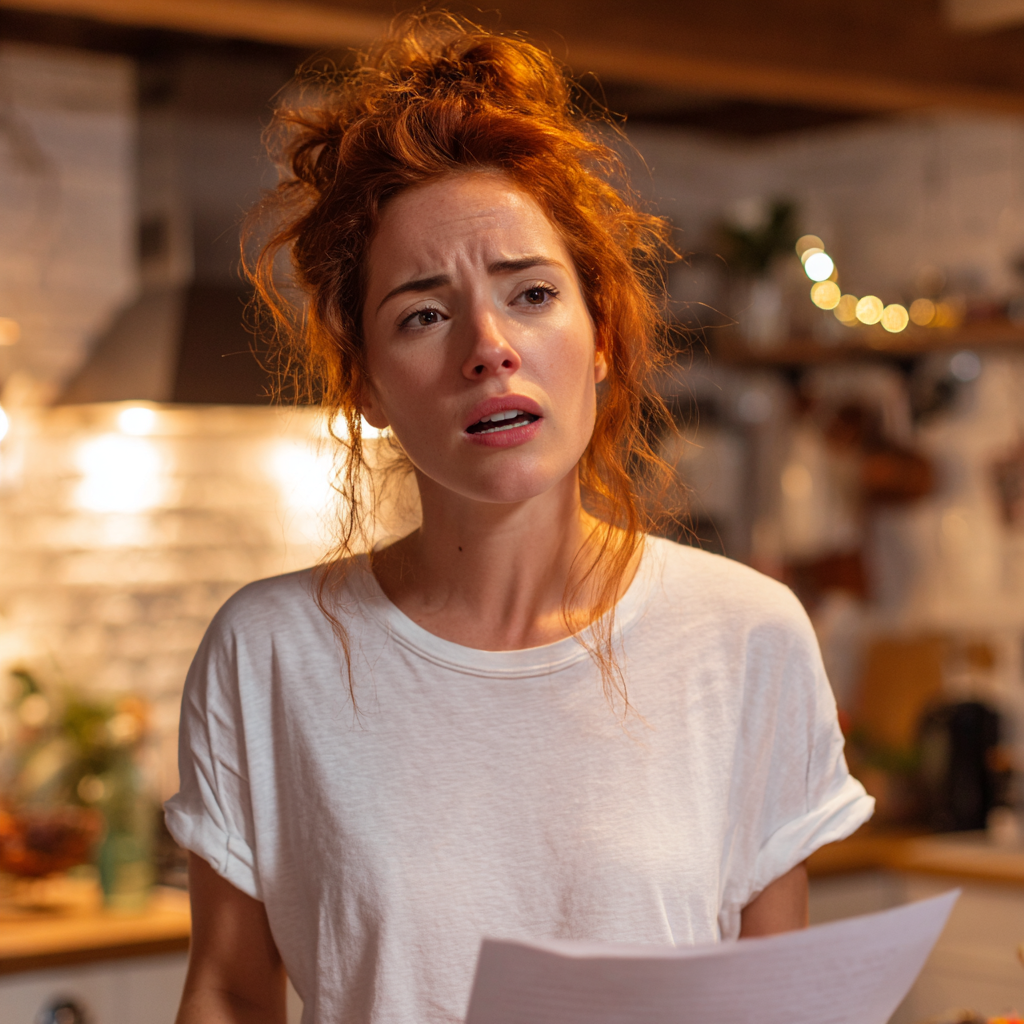 Una mujer ceñuda sujetando un papel | Fuente: Midjourney