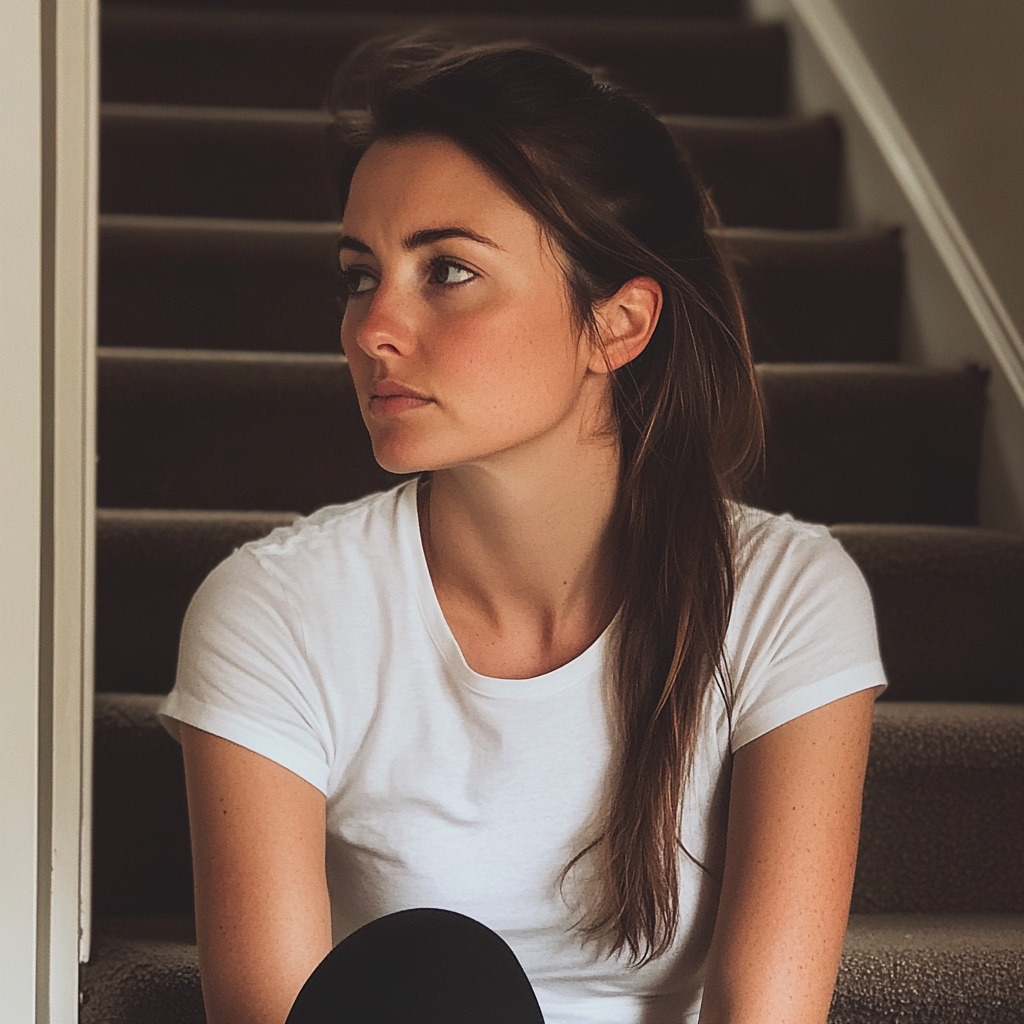 Una mujer sentada en una escalera | Fuente: Midjourney