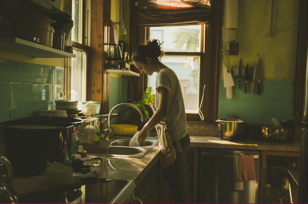 Una mujer limpiando su cocina | Fuente: MidJourney