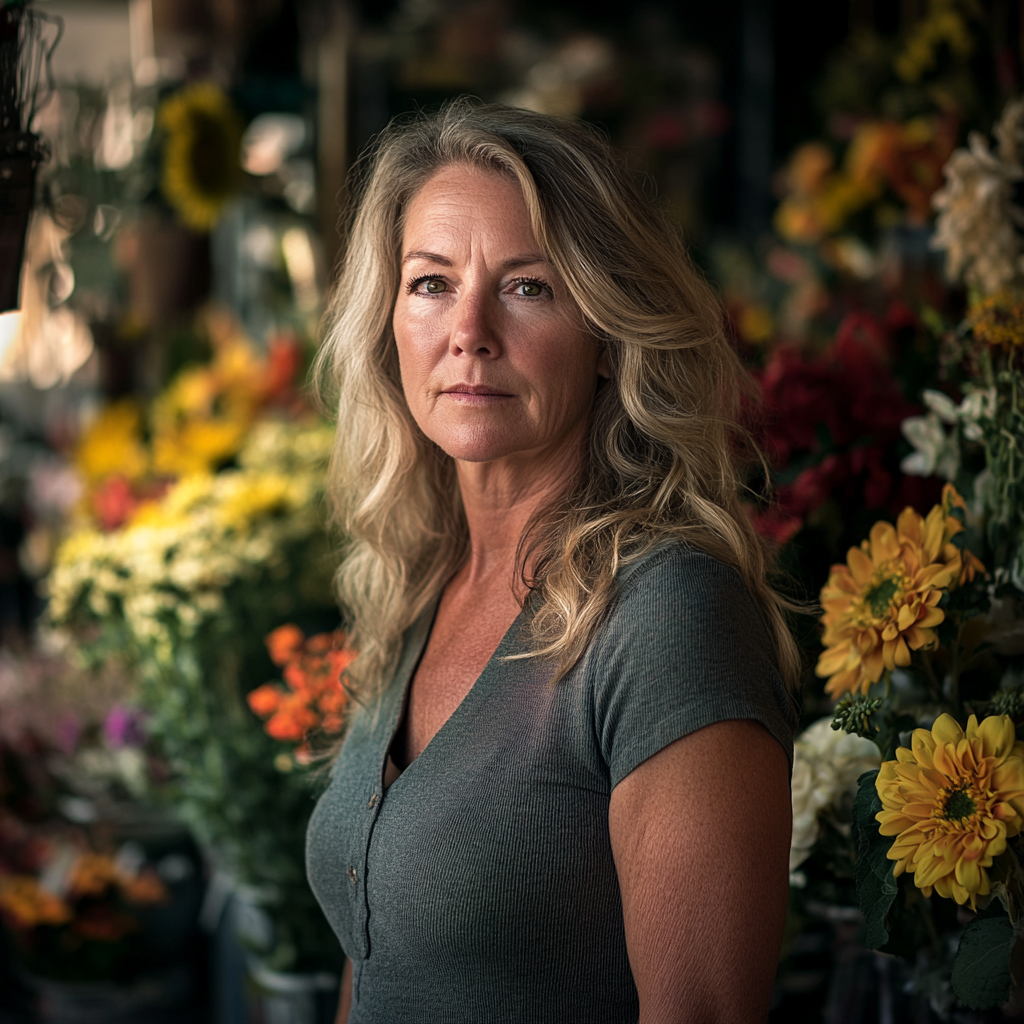 Una mujer con el pelo rubio de pie en una floristería | Fuente: Midjourney