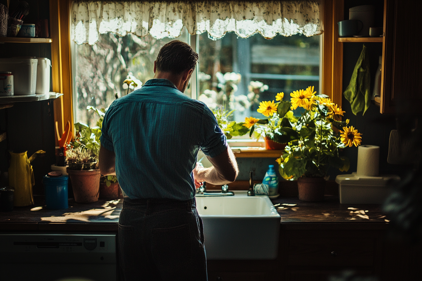 Un hombre lavándose las manos en un fregadero de cocina | Fuente: Midjourney