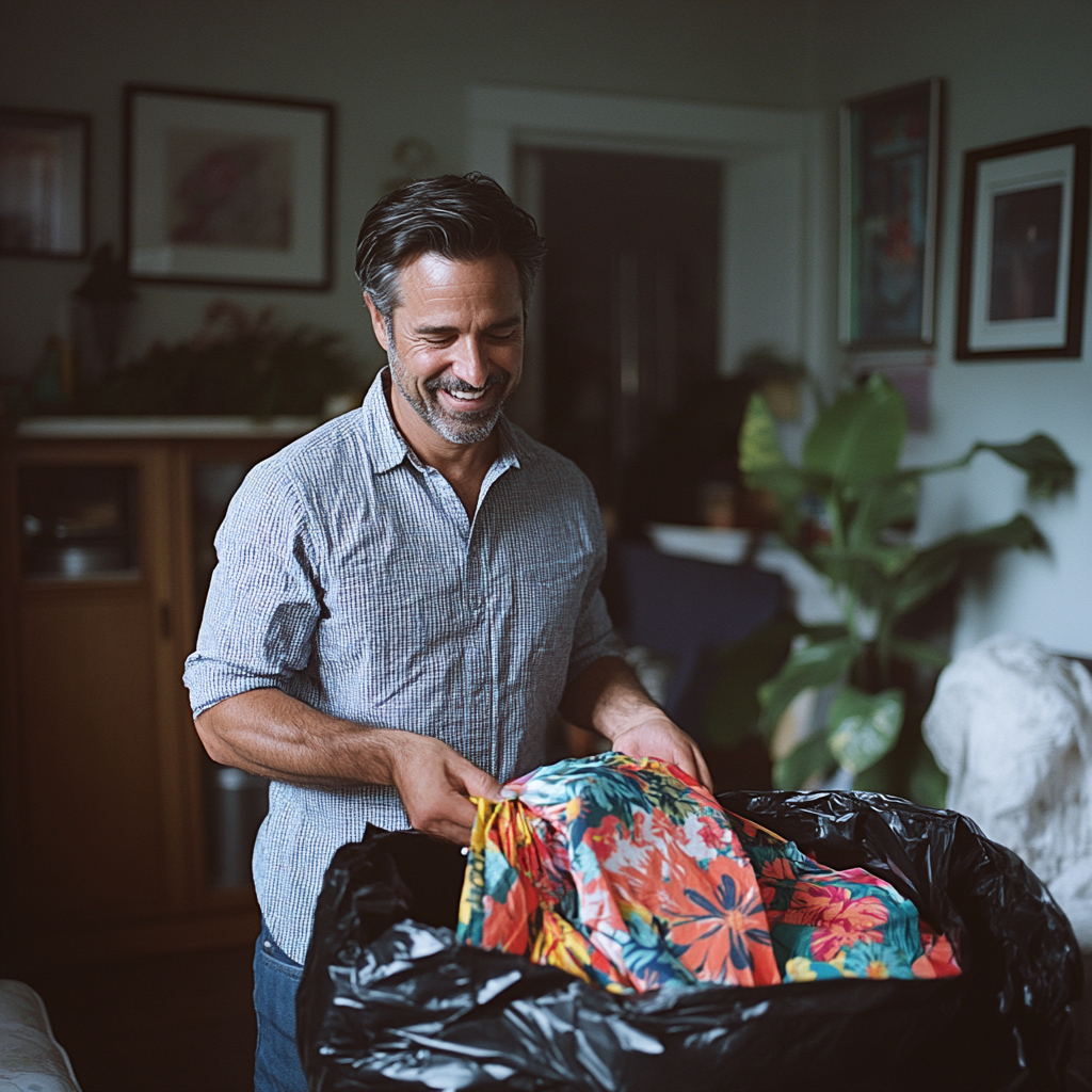 Un hombre feliz metiendo ropa en una bolsa | Fuente: Midjourney