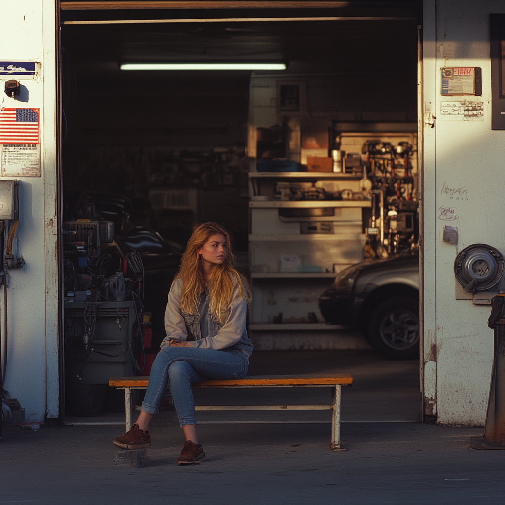 Una joven sentada en un banco | Fuente: Midjourney