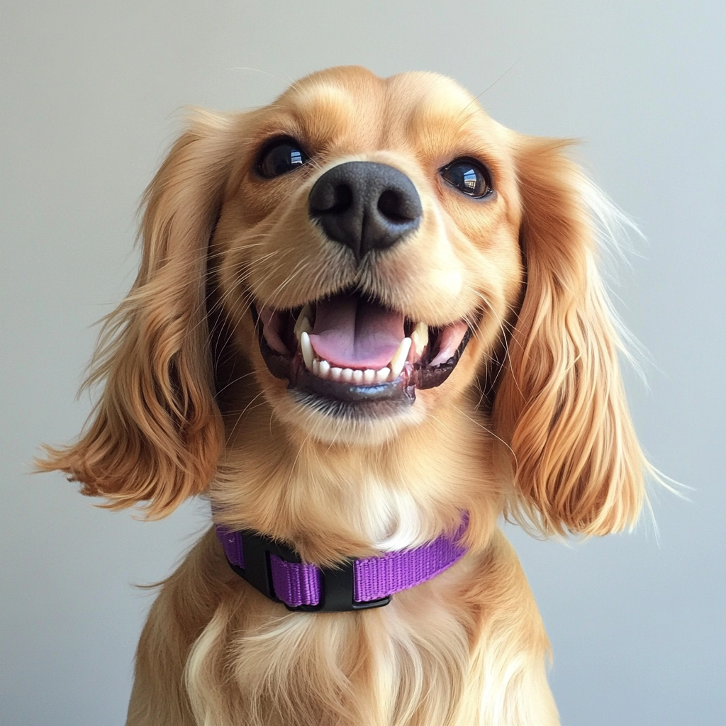 Primer plano de un perro con collar morado | Fuente: Midjourney