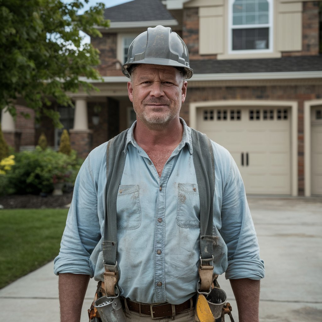 Un hombre en uniforme de construcción sonriendo con pesar | Fuente: Midjourney