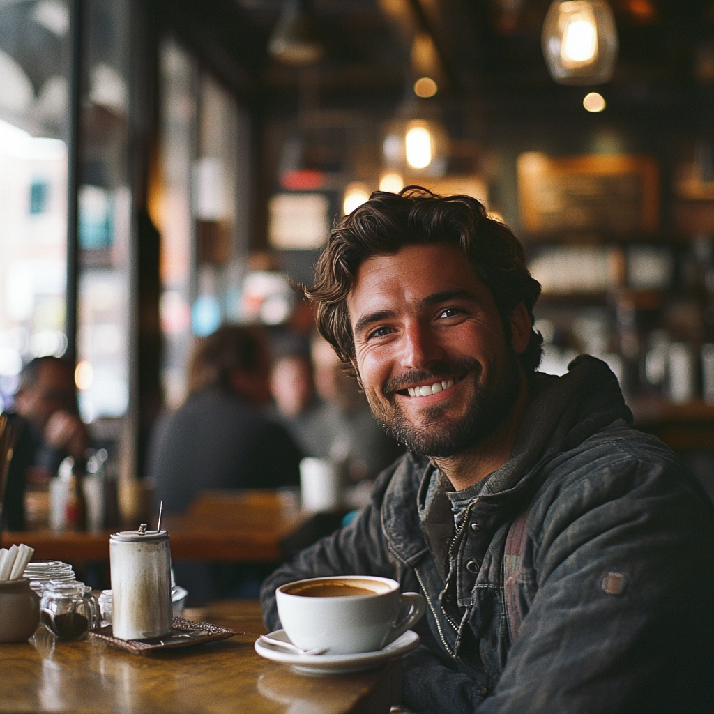 Un cliente frecuente feliz en su cafetería favorita | Fuente: Midjourney