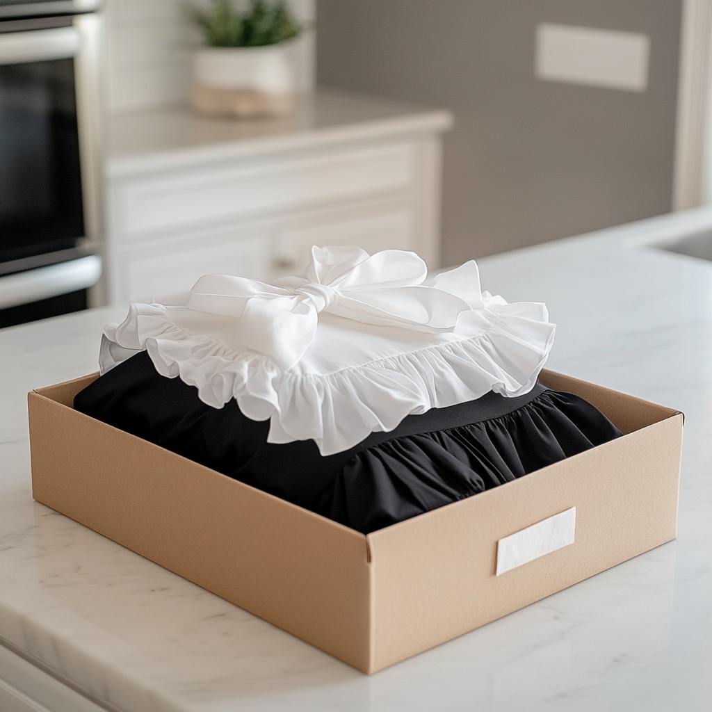 Un delantal blanco con volantes y un vestido negro dentro de una caja de regalo | Fuente: Midjourney