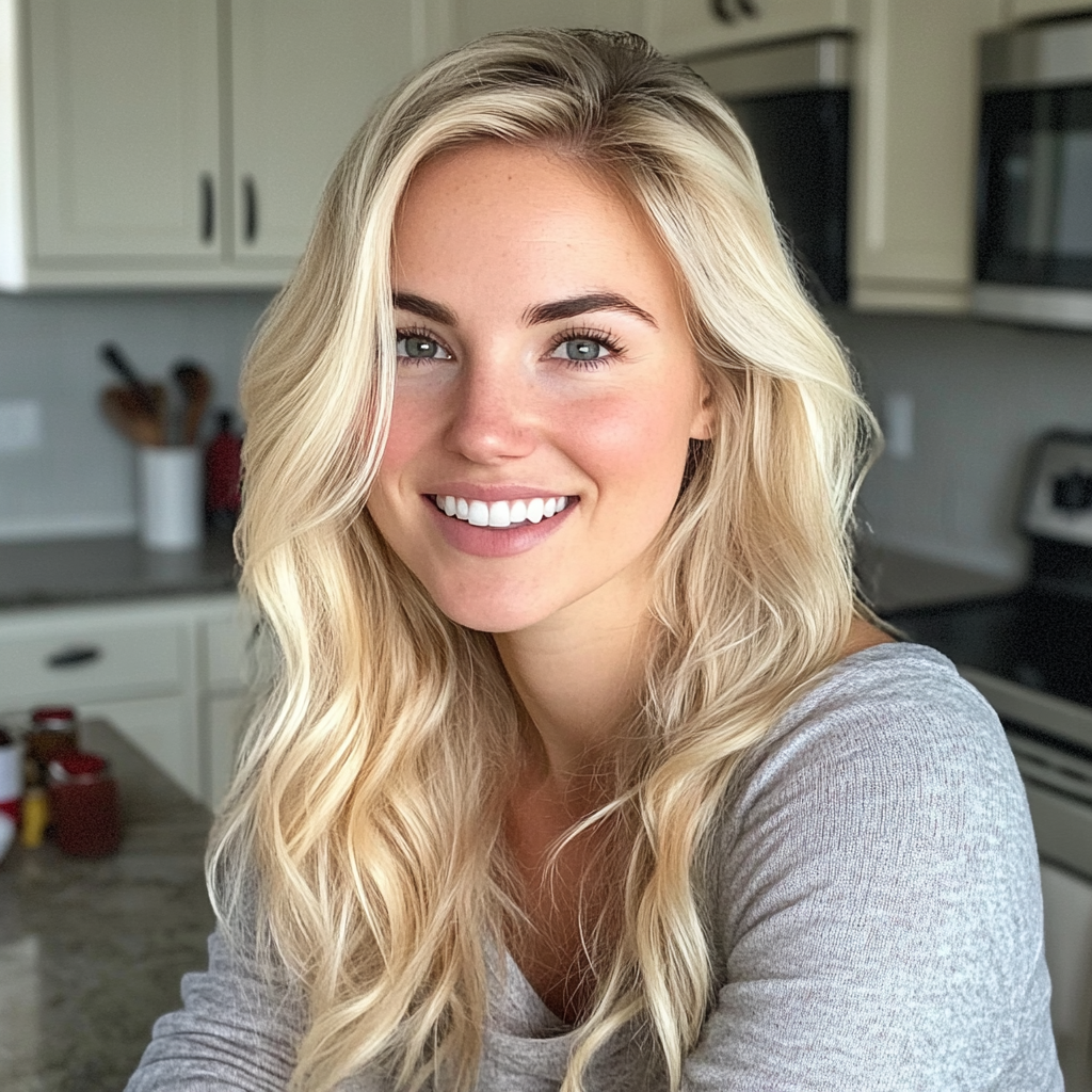 Una mujer sonriente de pie en una cocina | Fuente: Midjourney