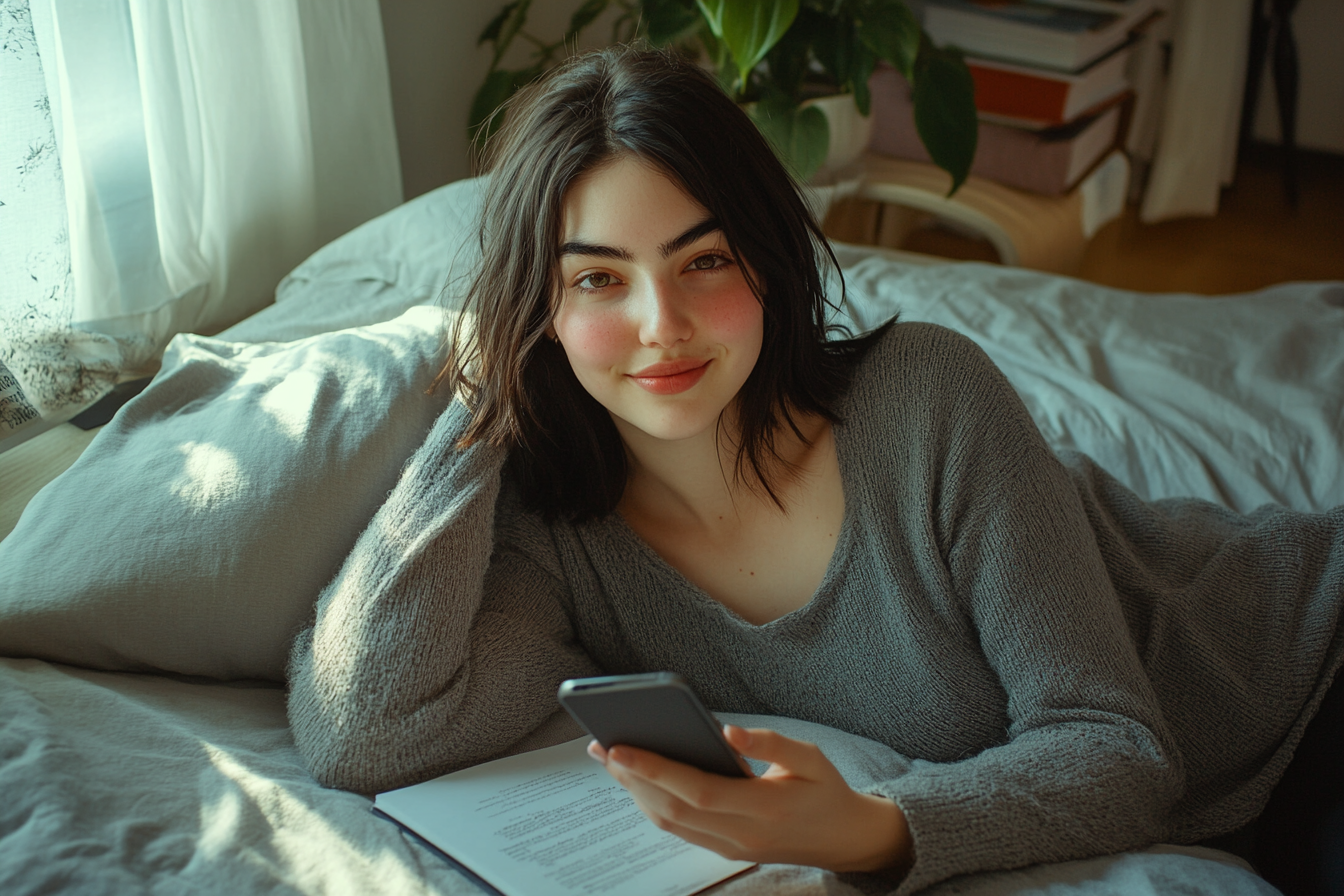 Una mujer sentada con el teléfono en la mano | Fuente: Midjourney