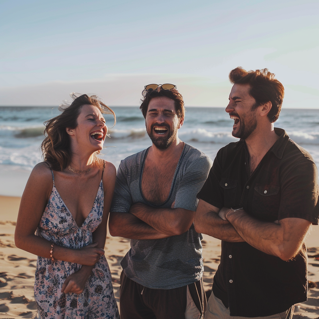 Tres personas riendo juntas en la playa | Fuente: Midjourney