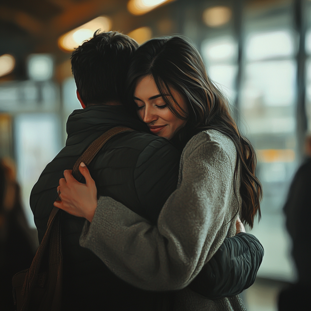 Una mujer abraza a su marido en un aeropuerto | Fuente: Midjourney