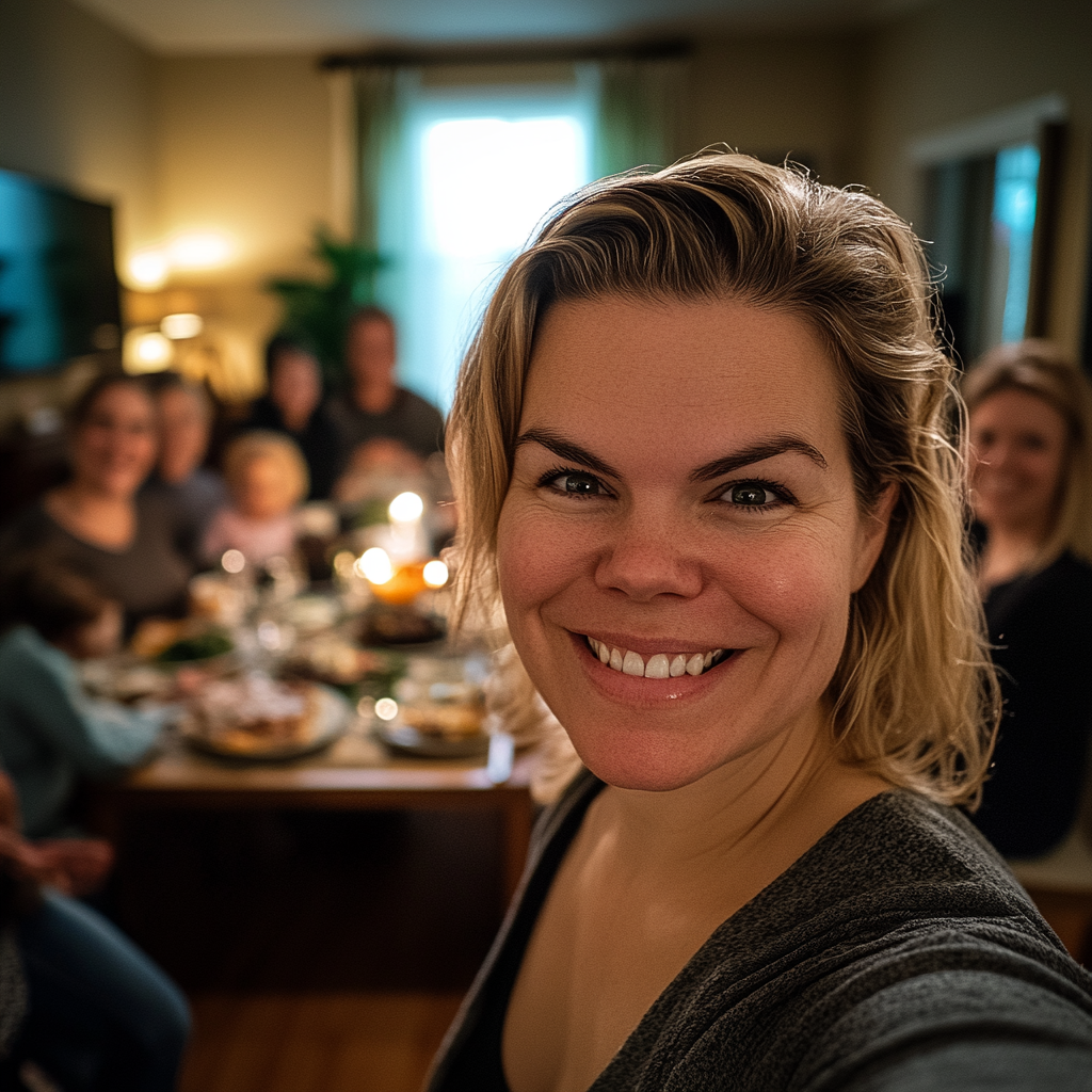 Primer plano de una mujer feliz tomándose un selfie durante una cena familiar | Fuente: Midjourney