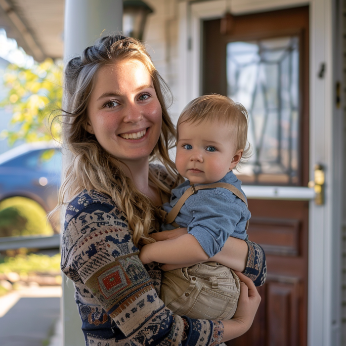 Una mujer con un bebé en brazos en el porche de una casa | Fuente: Midjourney