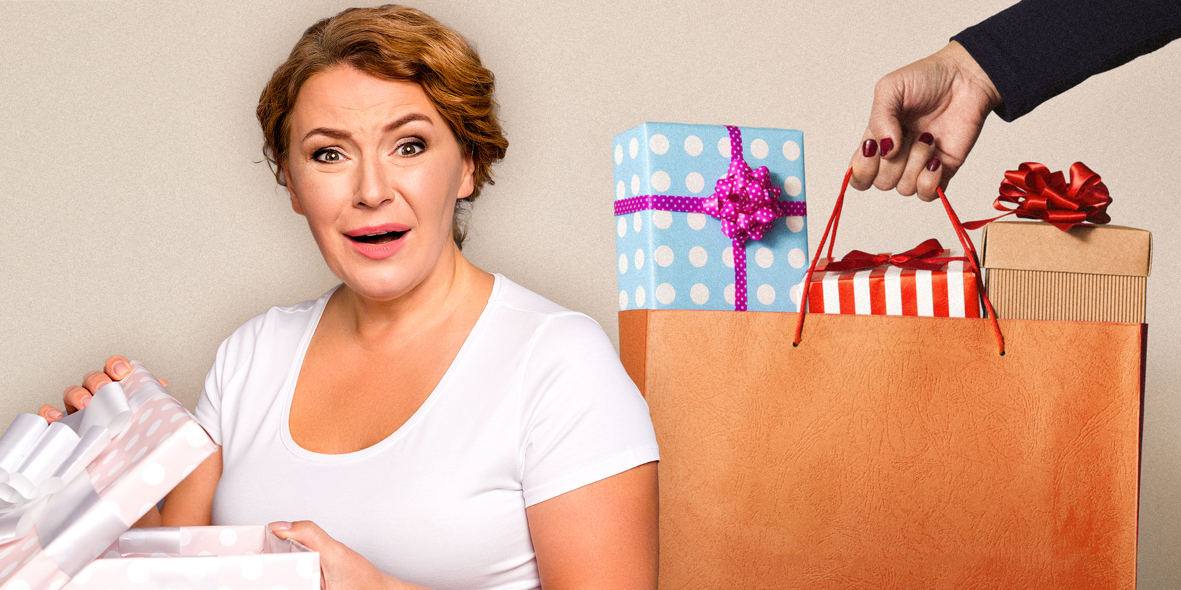 Mujer sorprendida al abrir un regalo | Fuente: Shutterstock