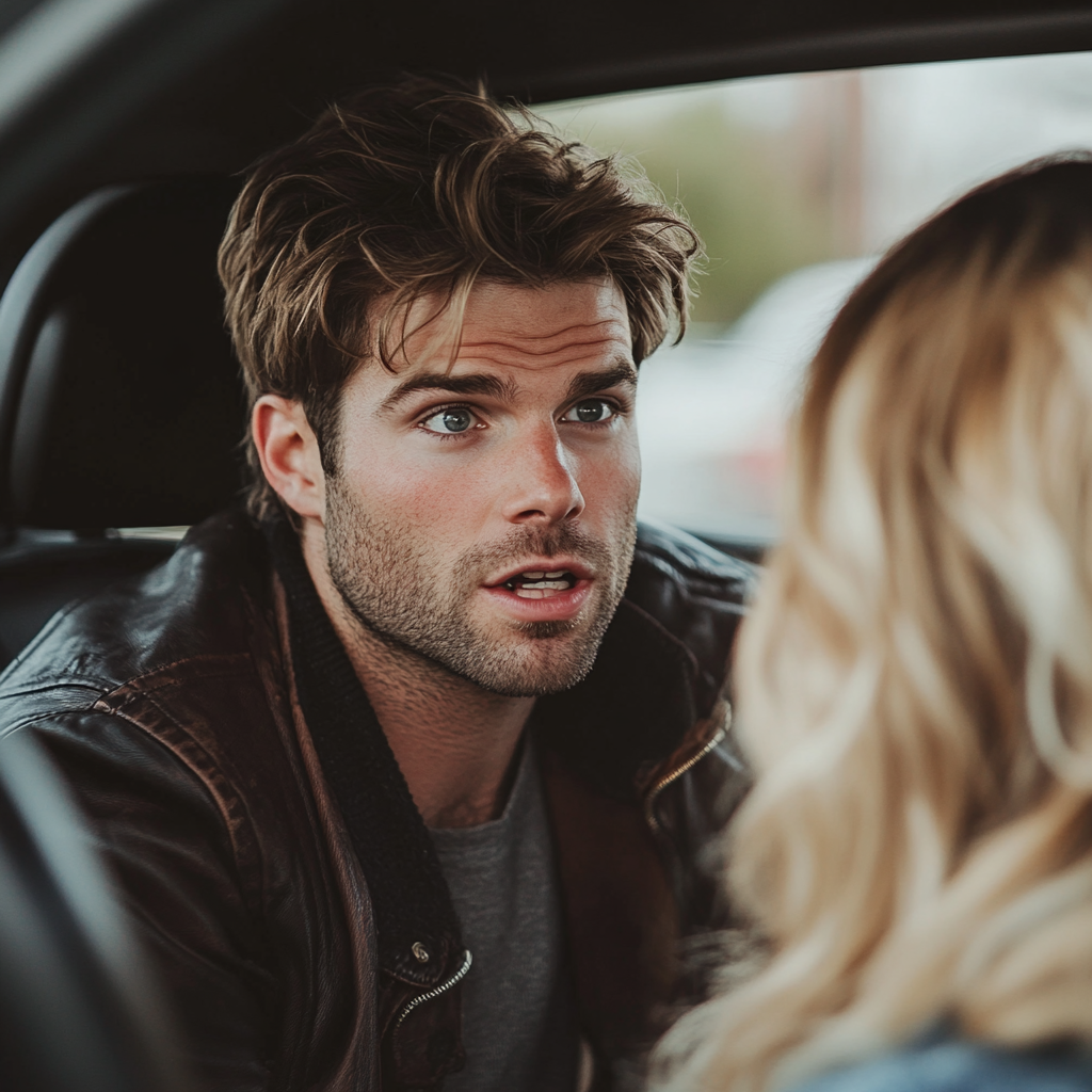 Un uomo che parla con sua moglie in macchina | Fonte: Midjourney