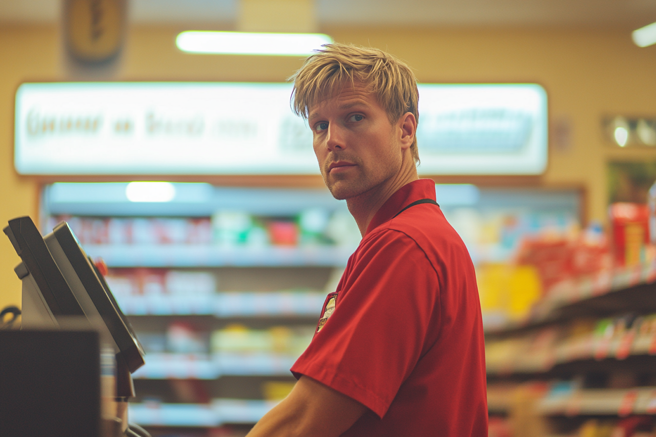 Un hombre con uniforme rojo trabajando de cajero en una tienda de comestibles | Fuente: Midjourney