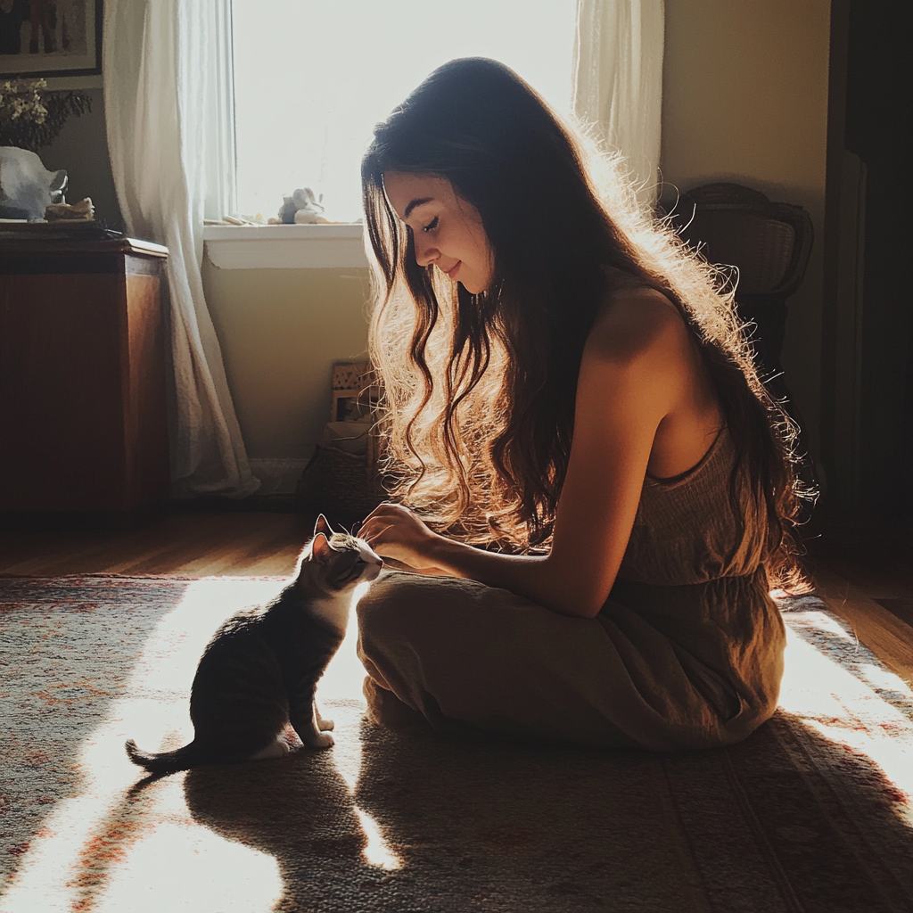 Una mujer con su gato | Fuente: Midjourney