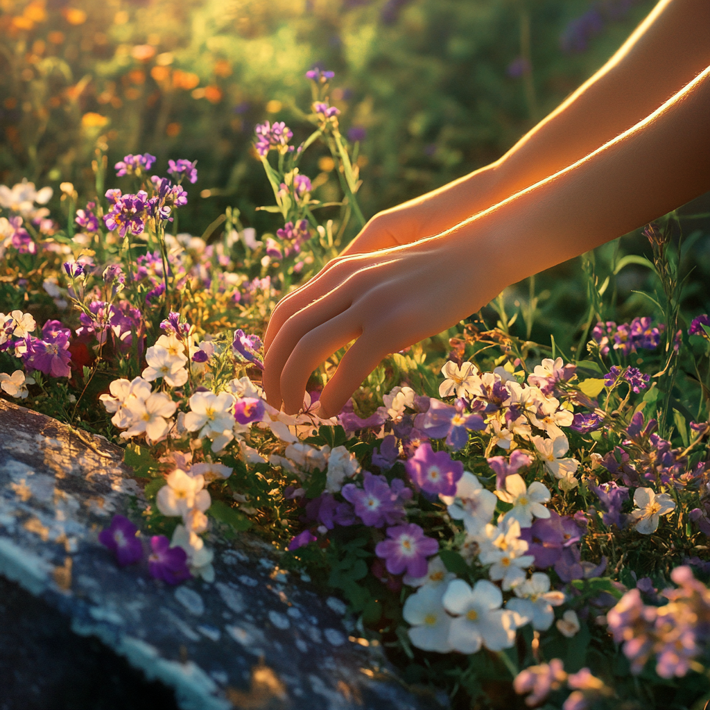 Una mujer colocando flores silvestres moradas y blancas sobre una tumba | Fuente: Midjourney