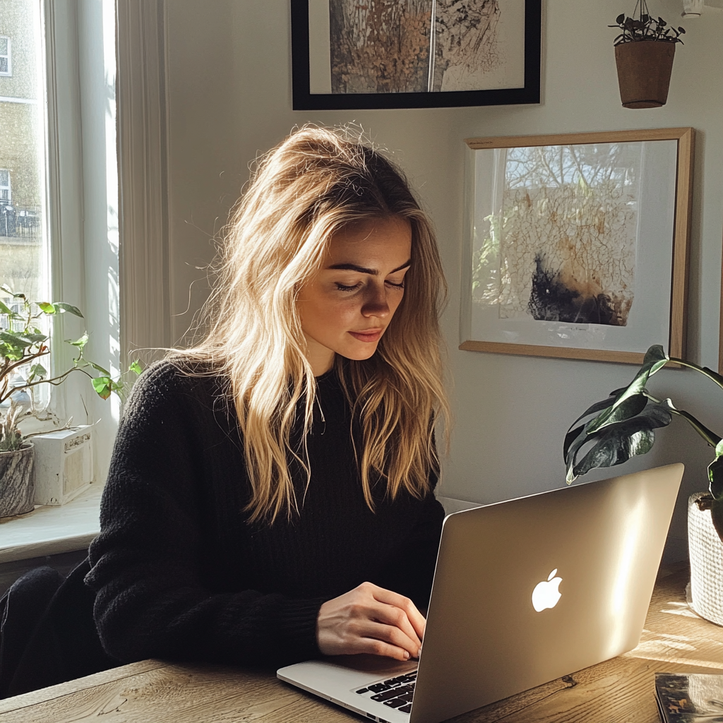 Una mujer sentada en un escritorio | Fuente: Midjourney