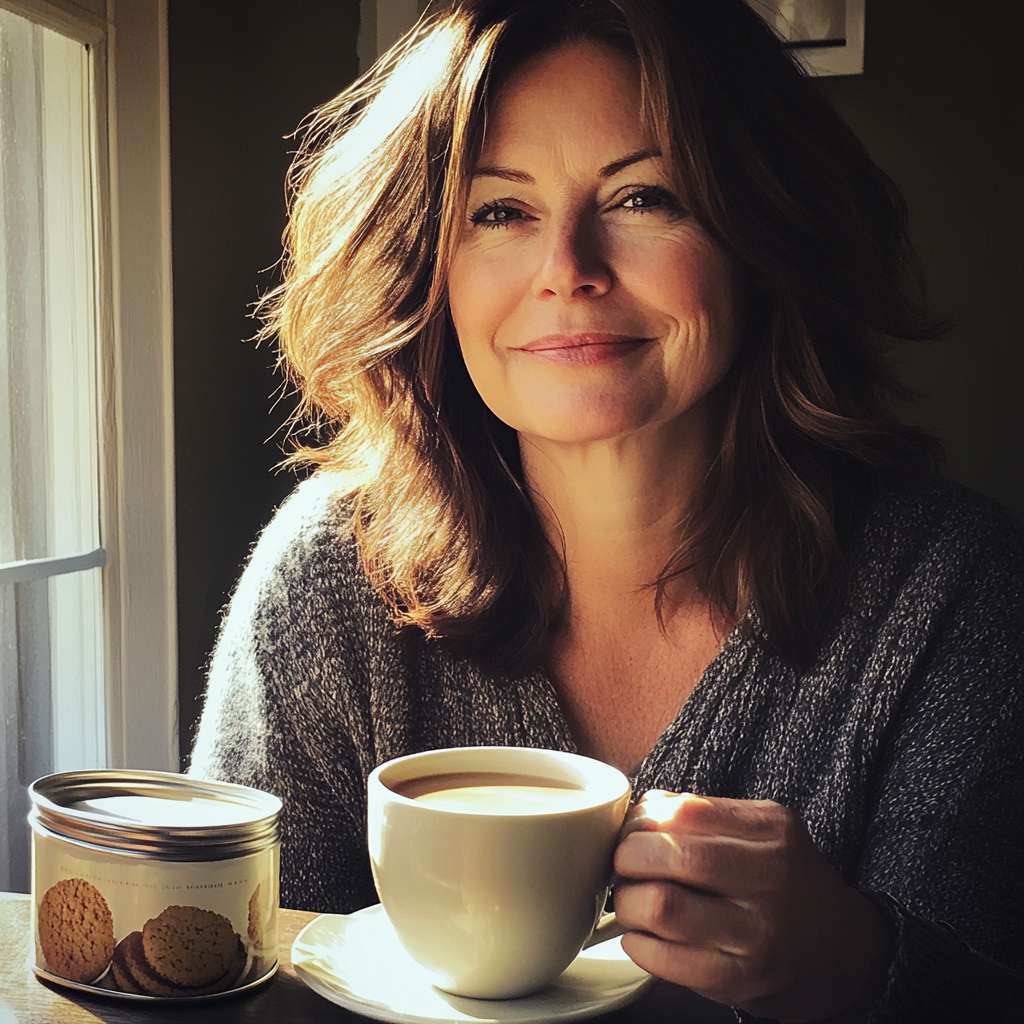 Una mujer sentada con una taza de café | Fuente: Midjourney