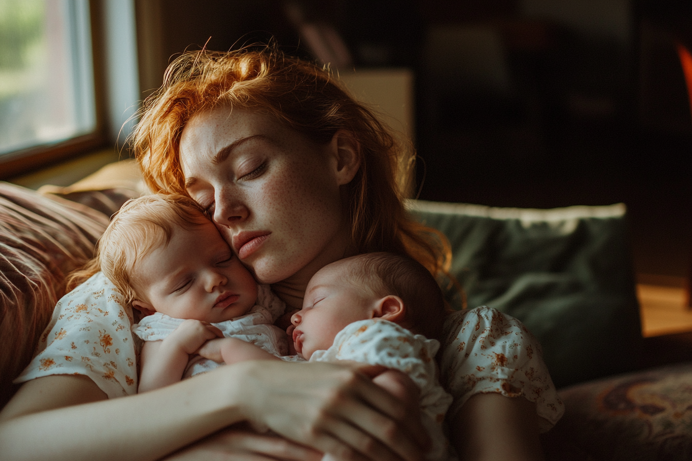 Una mujer descansando en un sofá con sus hijas gemelas en brazos | Fuente: Midjourney