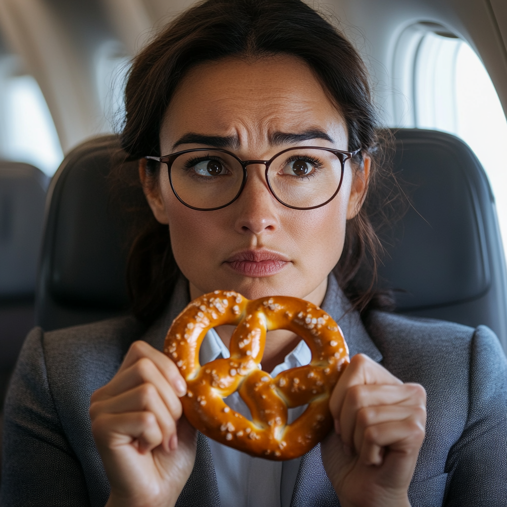 Mujer expresando su decepción por tener sólo un pretzel para comer | Fuente: Midjourney